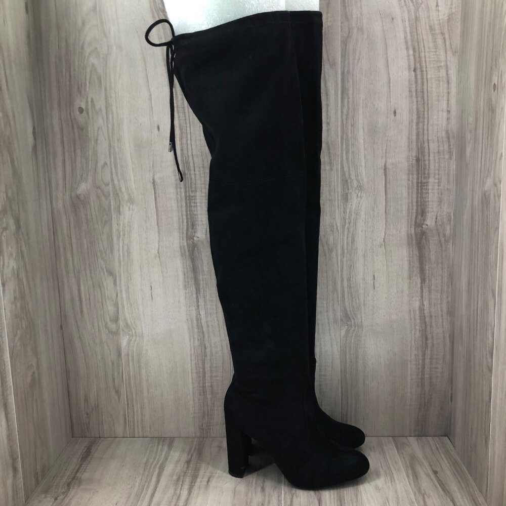 Fashion Nova OTK Boots Womens 7.5 Black Faux Suede Pull On Over The Knee Heeled